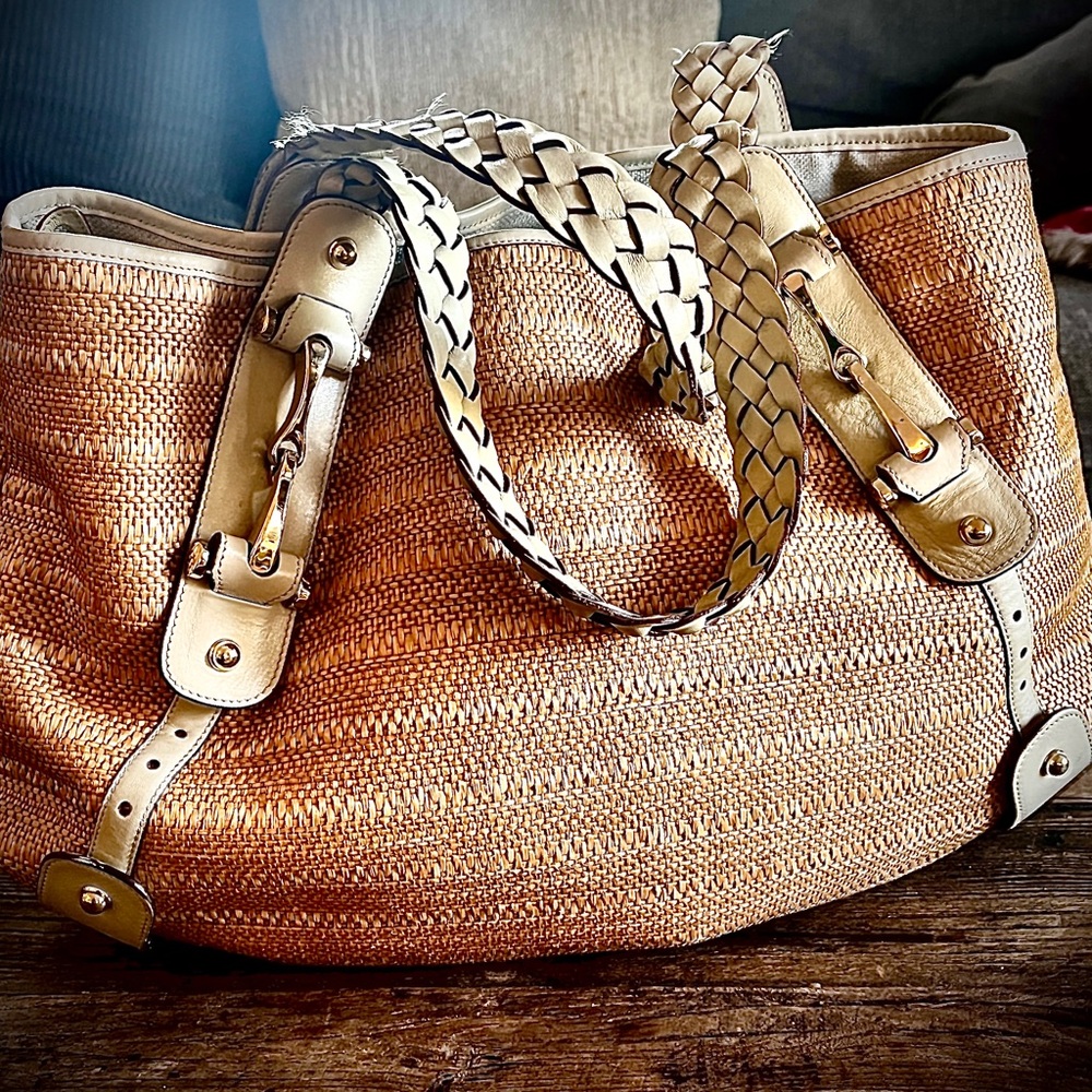 VINTAGE GUCCI PELLAM BAG RAFFIA (White Gold Horsebit)